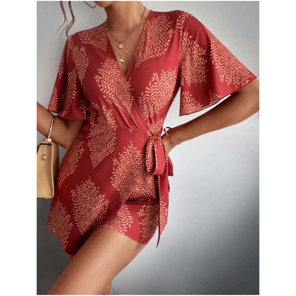 031  Boho Tropical Butterfly Sleeve Romper - Picture 3 of 6